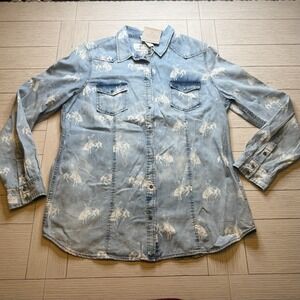 NWT Ryan Michaels Ladies Snap Front Bucking Horse Indigo Shirt. Silk Linen Blend